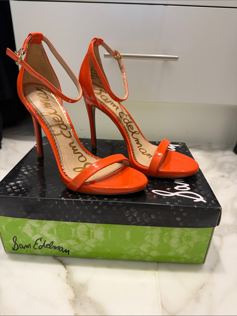 Sam Edelman Orange Patent Ankle-Strap Stiletto Sandals